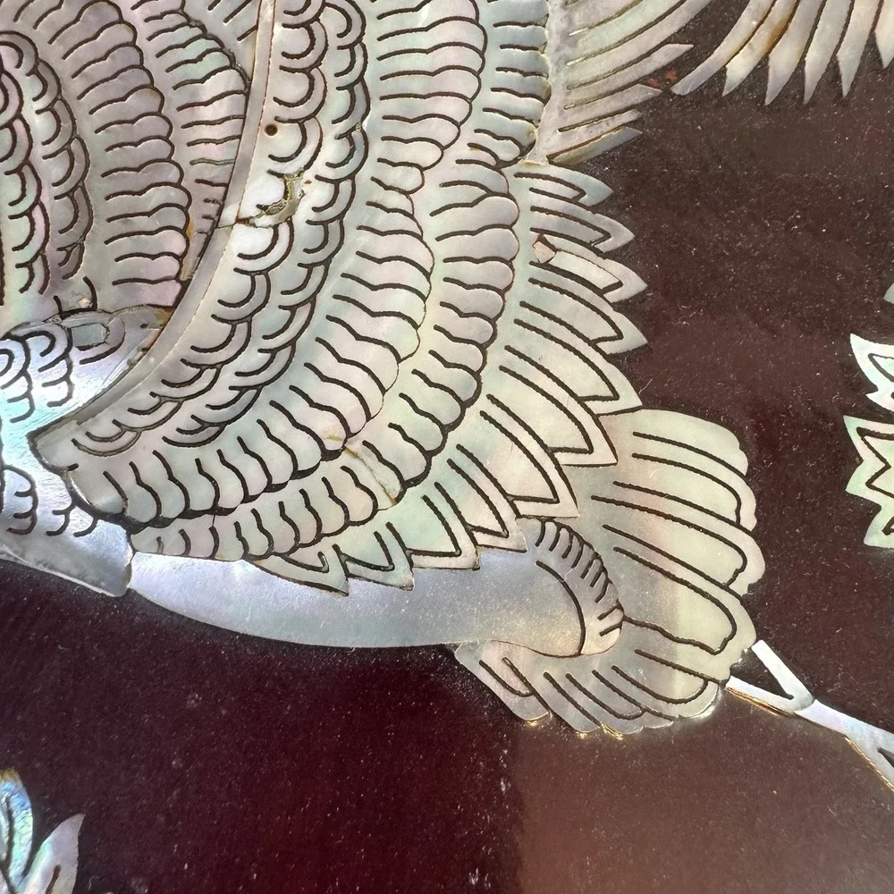 Vintage Korean Octagonal Lacquer Box Mother of Pearl Inlay Birds Military Signed